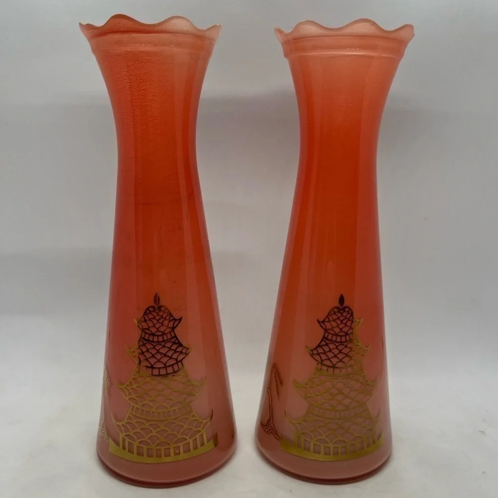 Vintage Bartlett Collins Vases Orange Glass with Gold Asian Design
